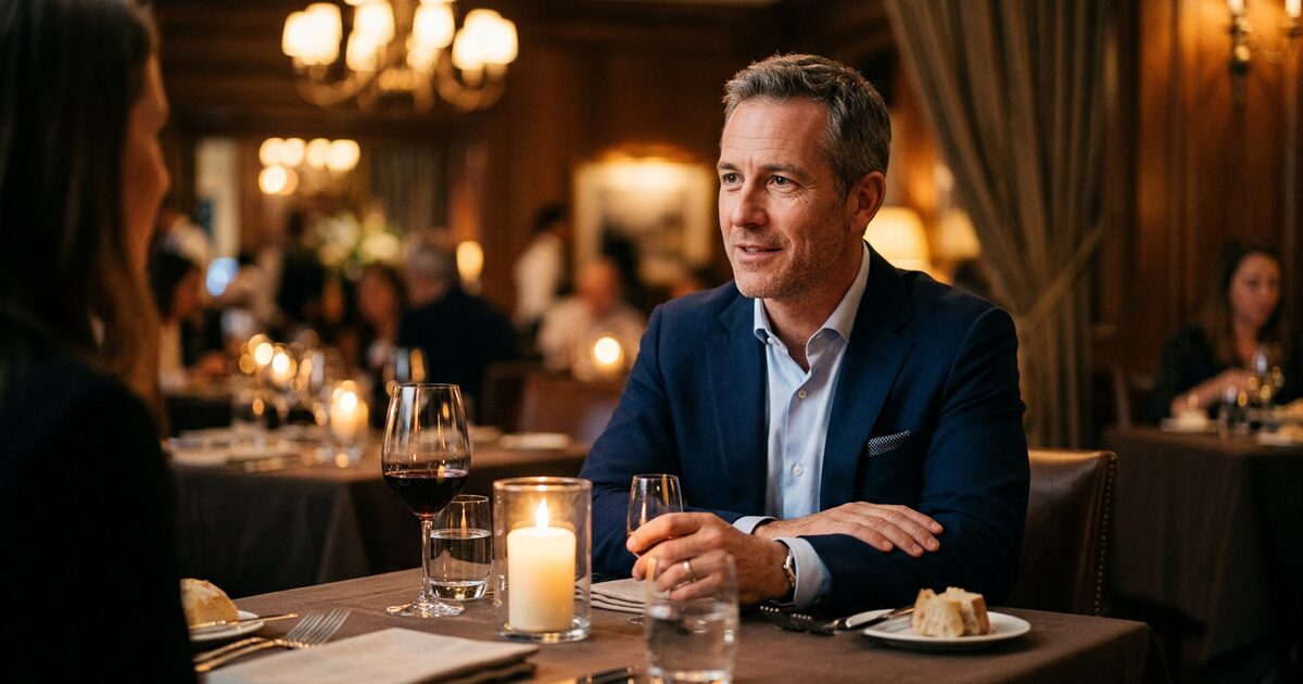 High-performing man demonstrating first date confidence through curiosity and presence, elite matchmaking insight