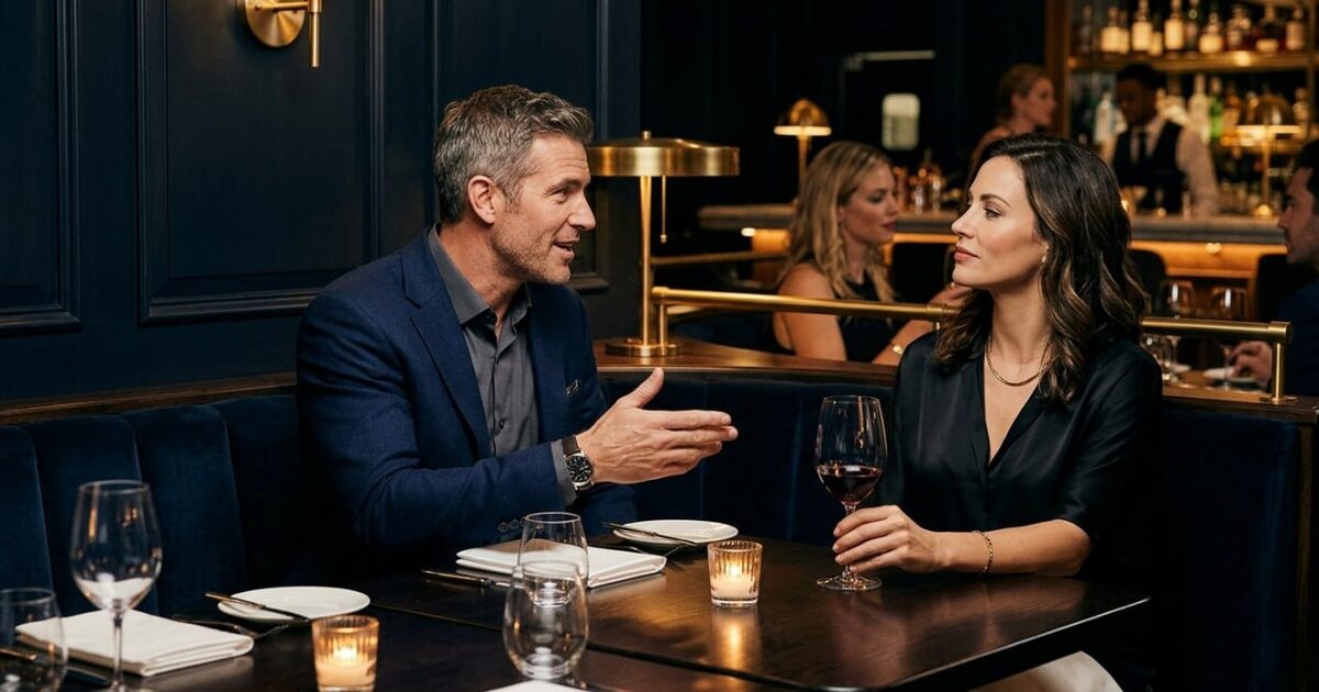 High-performing man at elegant restaurant table reflecting on relationship negotiation and elite dating strategy