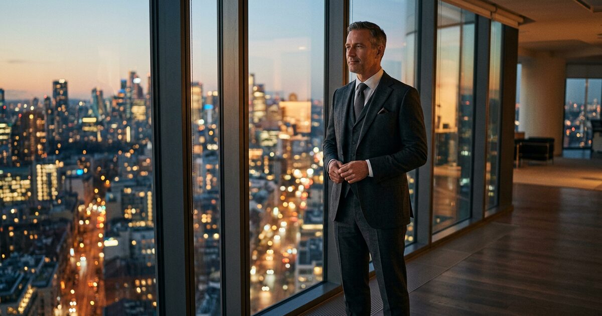 High-performing man navigating post-divorce dating for high-performing men, looking out over city skyline at dusk