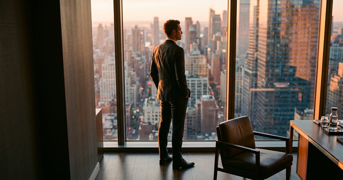 High-performing executive at office window considering professional matchmaking ROI over dating apps