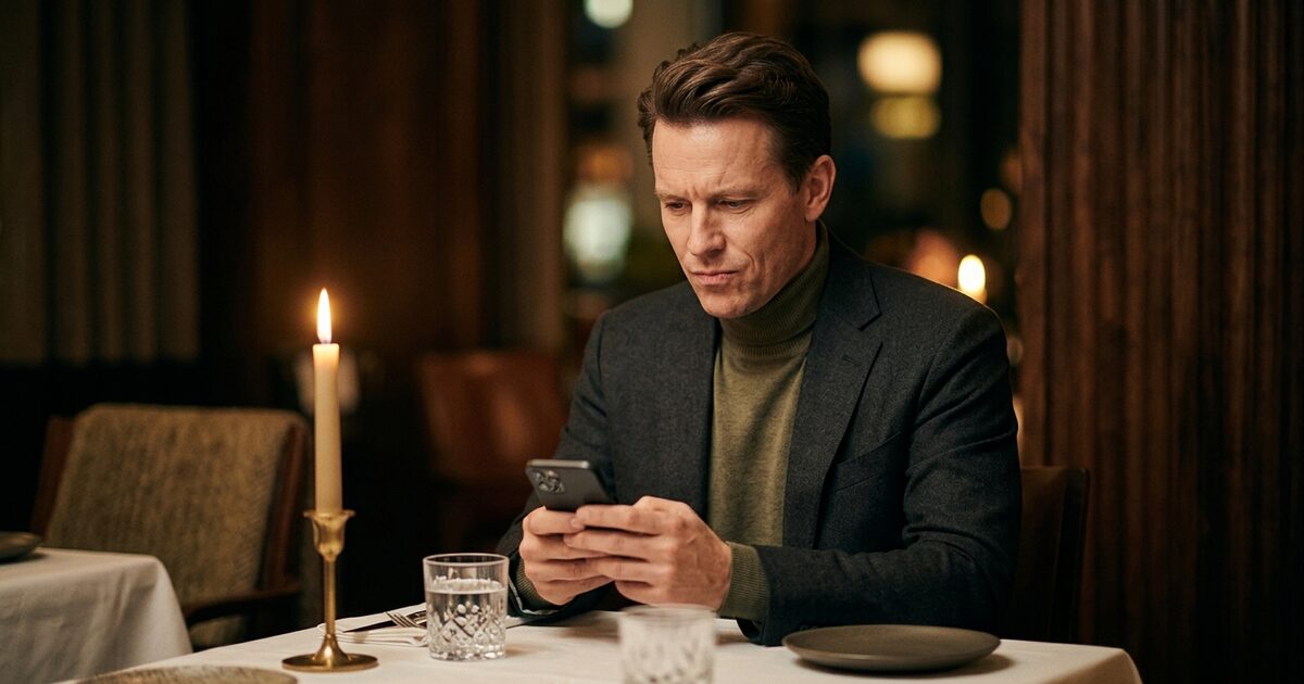 elite-dating-pacing-chemistry-first-meeting Man in blazer checking phone at elegant dinner table with candlelight, illustrating elite dating pacing mistakes.