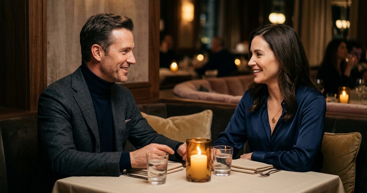 vulnerability-in-dating-early-dates Man and woman smiling at candlelit dinner table, demonstrating vulnerability in dating conversation