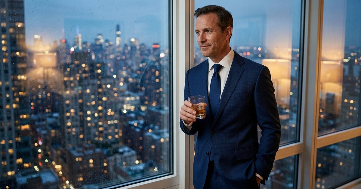 Businessman in navy suit holding whiskey overlooking illuminated city skyline from high-rise window at dusk