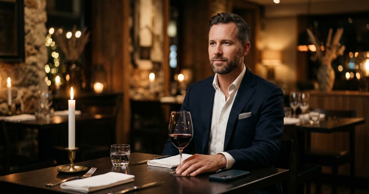 Businessman in navy blazer seated at elegant dining table with wine glass and candle in upscale restaurant