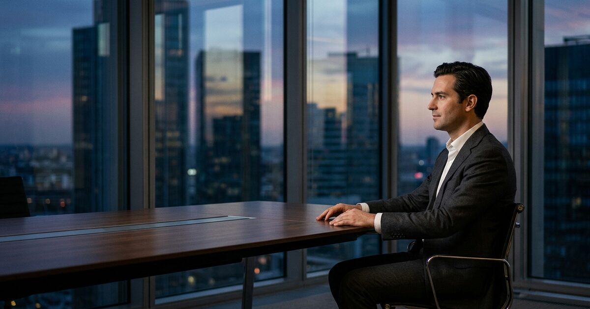 Businessman in suit seated at conference table overlooking city skyline at dusk, contemplating emotional readiness...