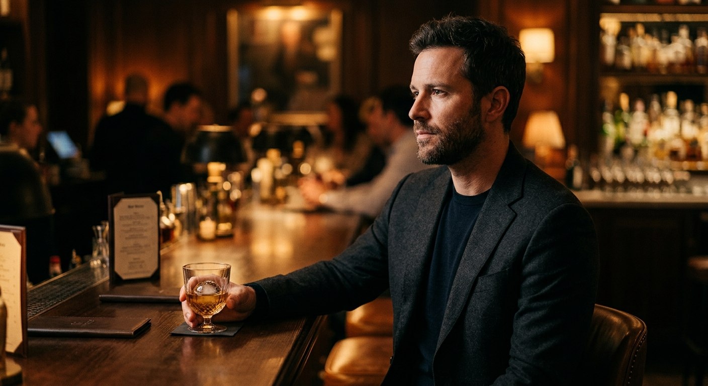 therapy-literacy-vs-emotional-readiness-in-dating Man sitting at bar with whiskey, contemplating emotional readiness in dating and personal growth