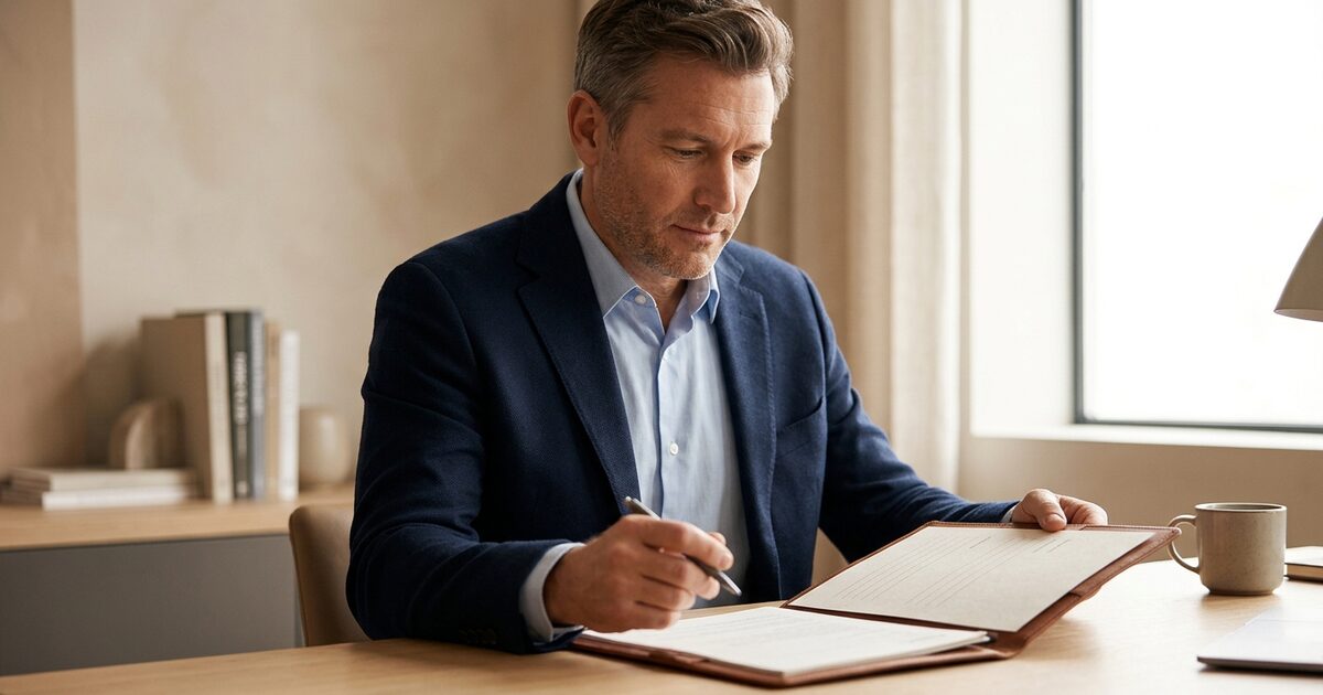 Middle-aged man in navy blazer writing on document at desk with coffee cup and books nearby