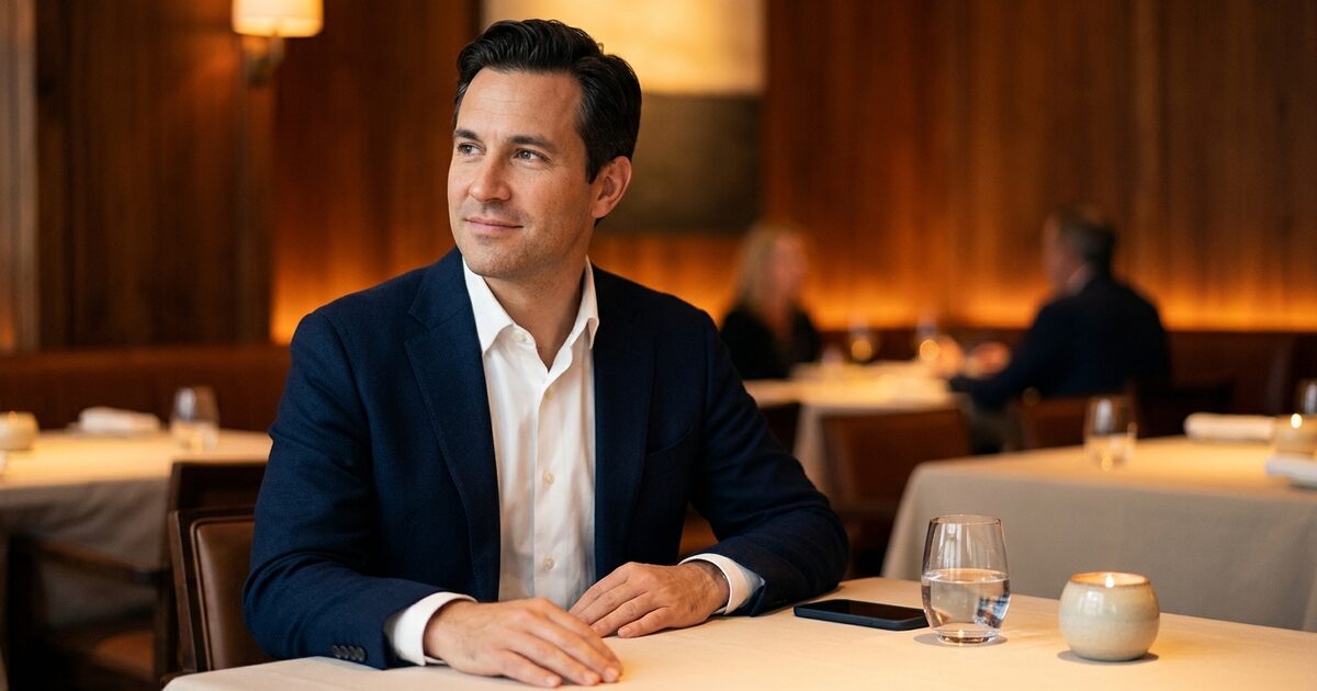 Professional man in navy blazer seated at upscale restaurant table with warm lighting, demonstrating matchmaking...