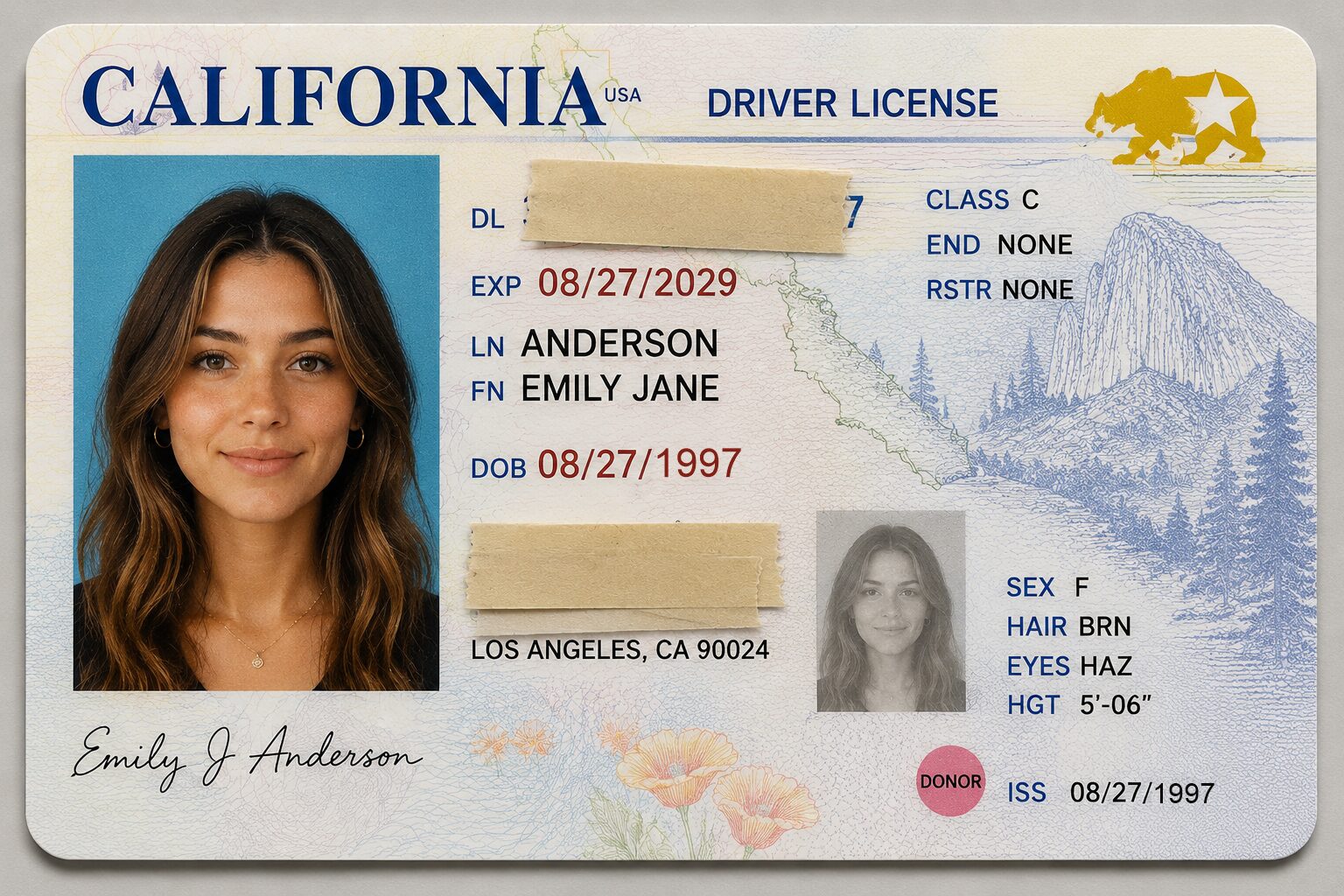 Example of driver's license with sensitive information covered