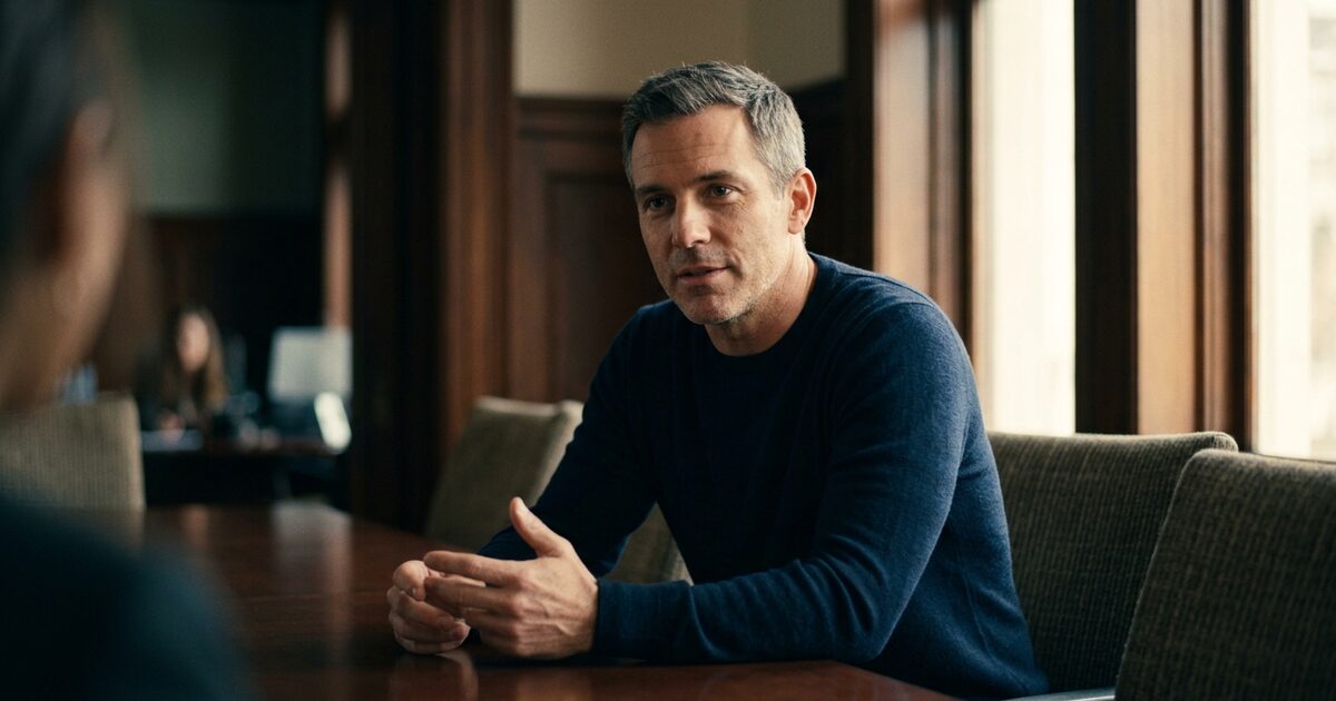 Middle-aged man in navy sweater gesturing while speaking during matchmaking readiness assessment conversation