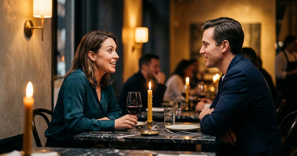 Couple enjoying wine and conversation at candlelit dinner table in upscale restaurant with warm ambient lighting