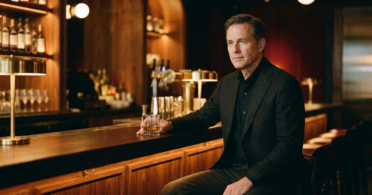 Man in black blazer holding whiskey glass at upscale bar, contemplating widower dating readiness and emotional preparedness