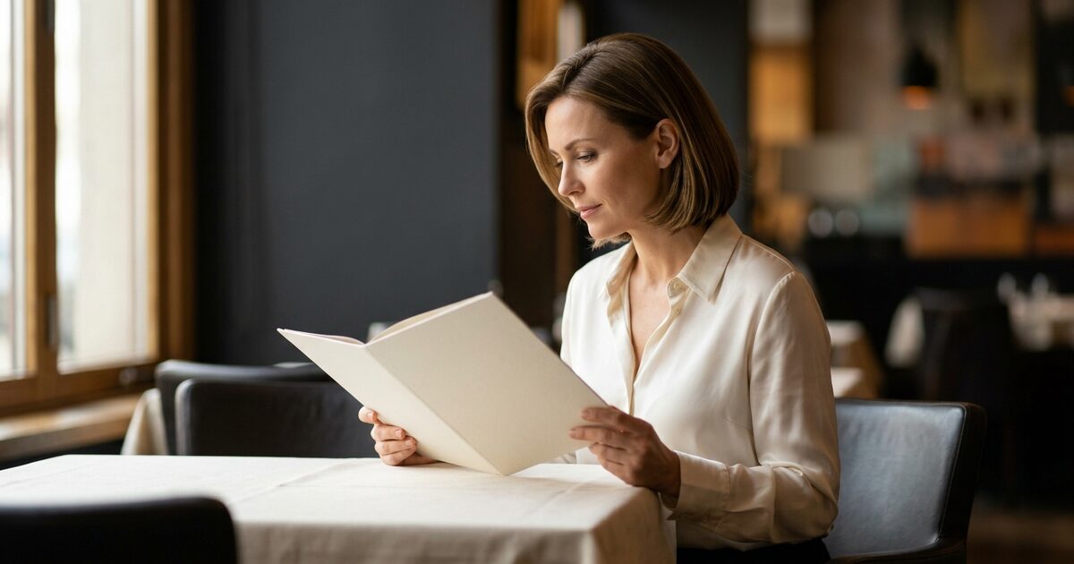 Woman in cream blouse reading documents at desk, focused expression showing successful women partner preferences